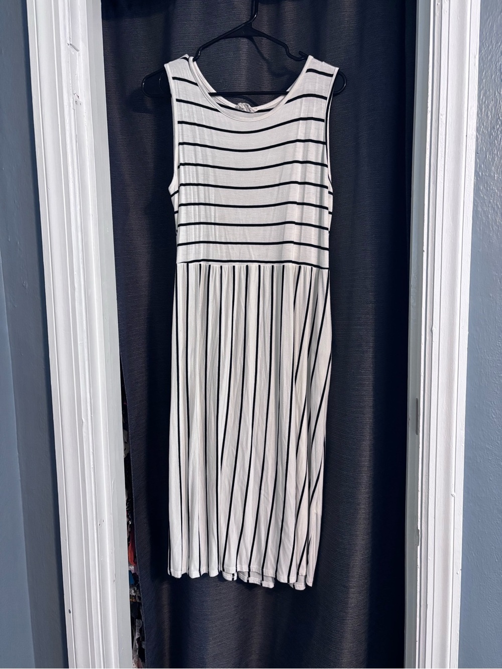 Sleeveless White Midi Dress with Black Stripes